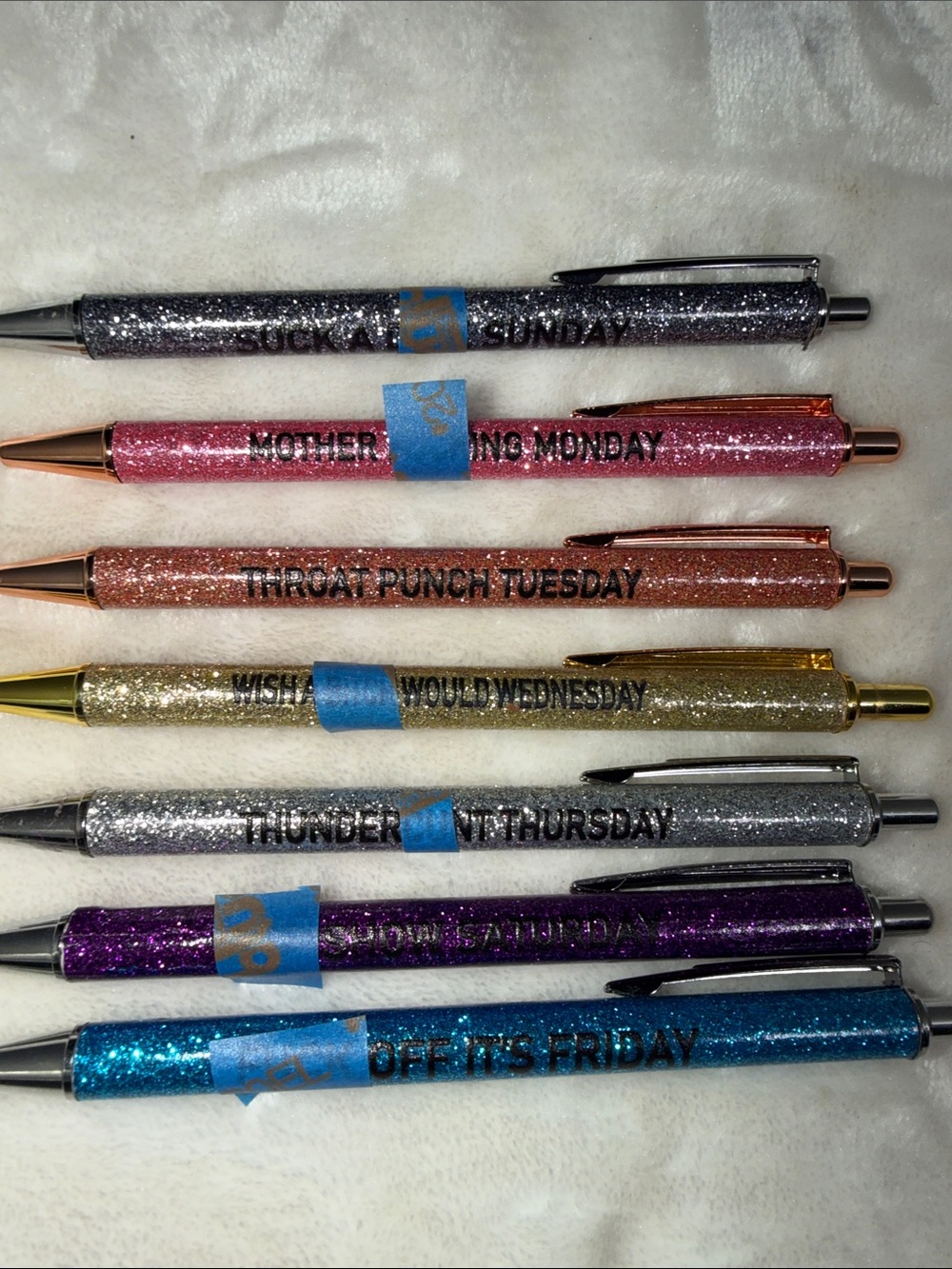 Funny Glitter Day-of-the-Week Pen Set 7 Sparkly Ballpoint Pens Office Humor Gift